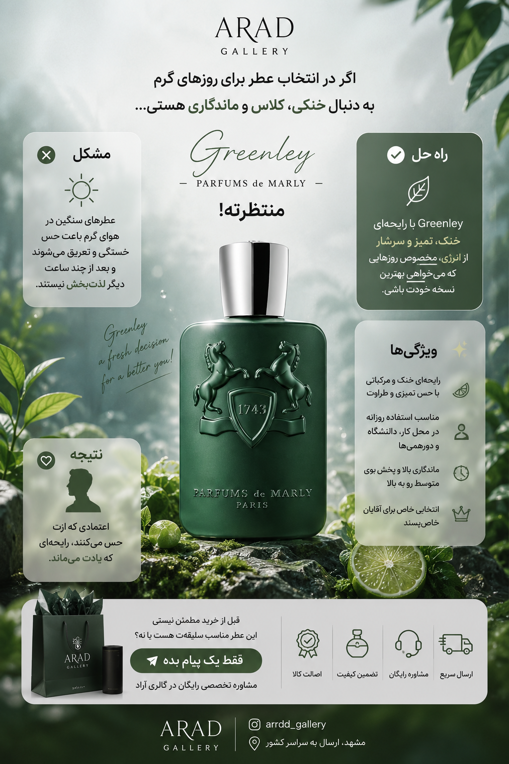 بررسی و خرید عطر مارلی گرینلی - عطر لوکس با رایحه‌ای تازه و گیاهی