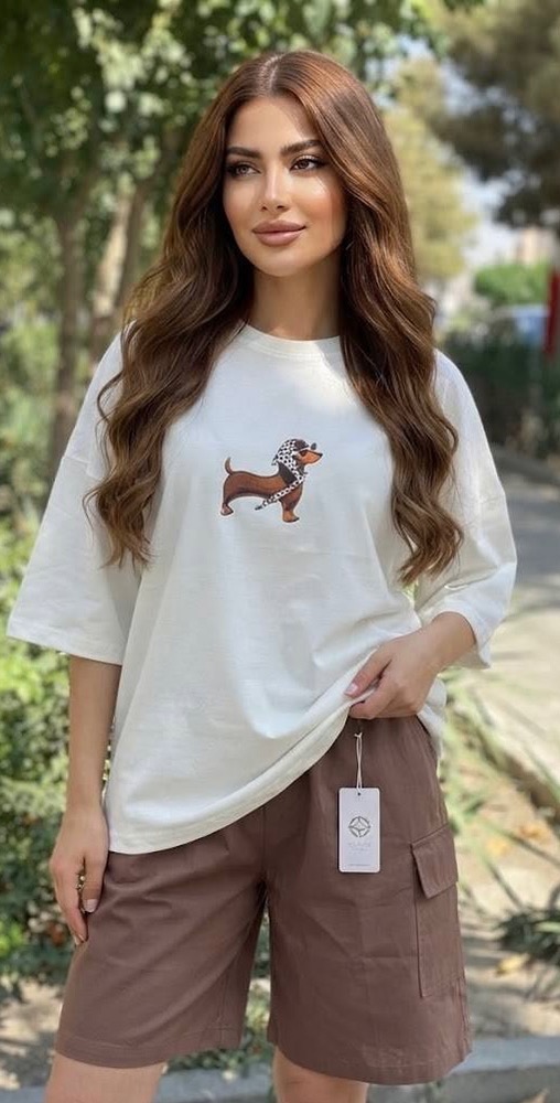 ست بامزه تیشرت سفید طرح سگ و شلوارک پنبه‌ای تک‌جیب